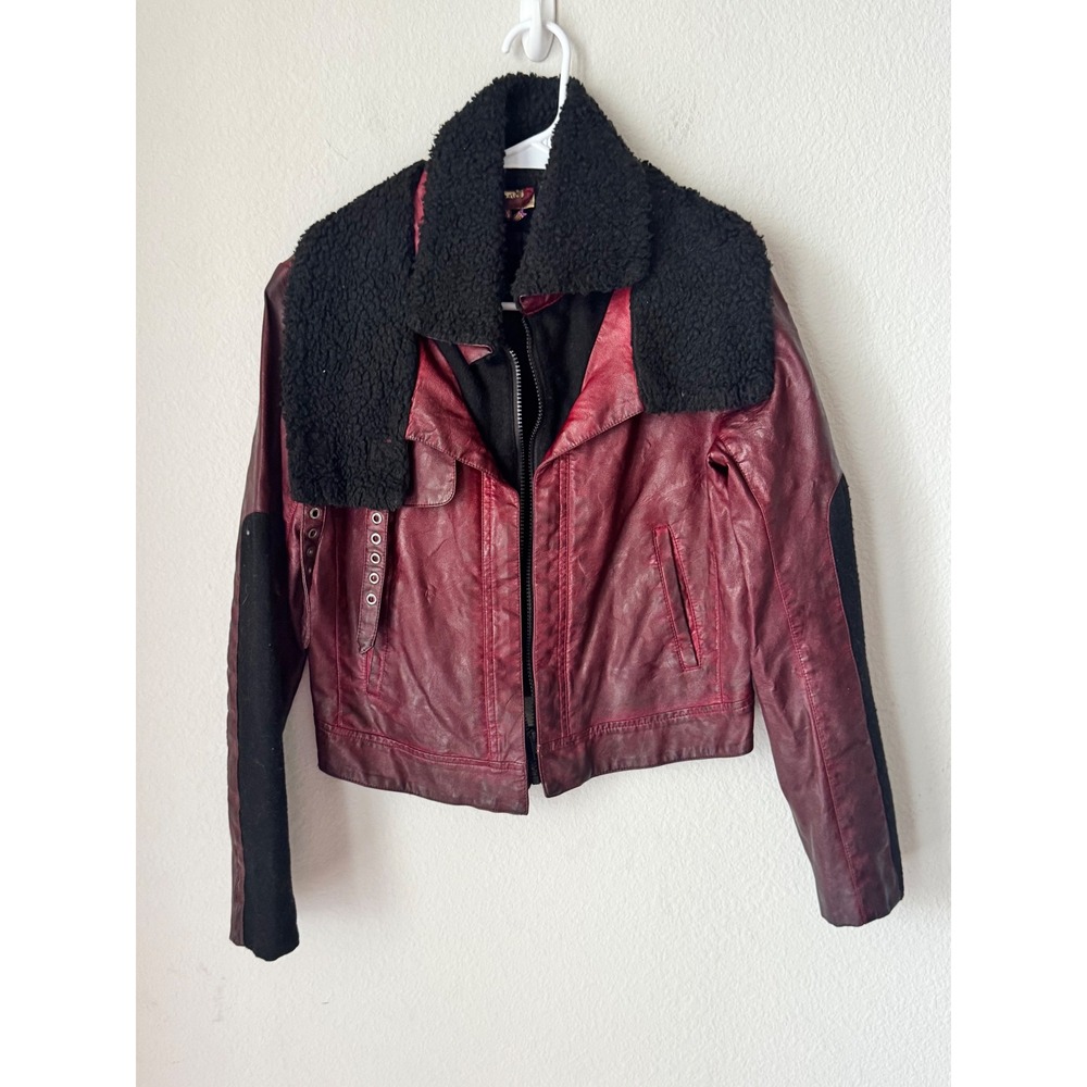 Princess Vera Wang Burgundy Faux Leather Moto Jacket Black Faux Fur Collar M